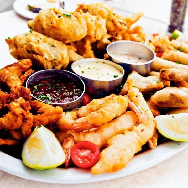 50 Chicken Wings & 25 pcs Fish & half tray Fries/Rice & with 2 liter soda